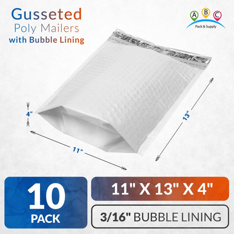 ABC PACK & SUPPLY White Gusseted Bubble Mailers, 11 x 13 x 4 Inch. Pack of 10 Expandable Envelopes. Padded Shipping Envelopes. Waterproof Bubble Bags for Shipping. Poly Bubble Mailers Self Seal - Image 2
